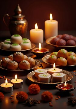 Festive Still Life with Indian Sweets and Candles on Brown Table