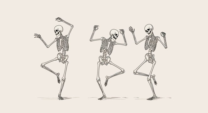 Three Skeletons Dancing Joyfully with Raised Arms and Legs on a Light Background