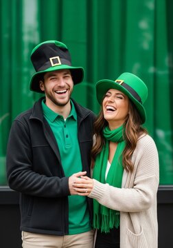 Couple Laughing Wearing Green St Patrick Day Hats Outdoor