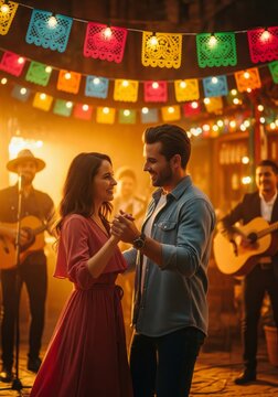 Couple Dancing at Fiesta Celebration with Festive Paper Banners and