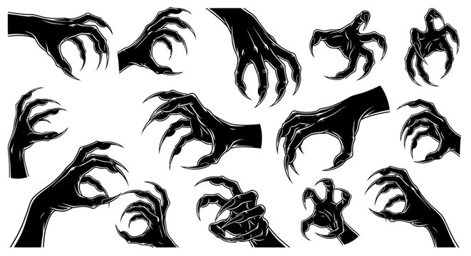 Set of Black Silhouette Spooky Monster Claws and Hands with Sharp Nails