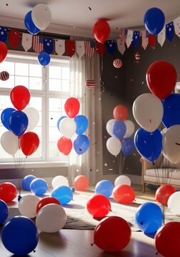 Festive Room Filled with Red White and Blue Balloons Celebration