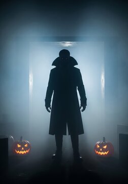 Pixelated Silhouette of Figure with Pumpkins in Smoky Dark