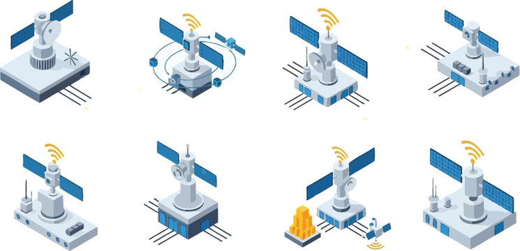 Vector illustration of satellite communication technology concepts depicting global data transfer and network connection processes in an isometric graphic design.