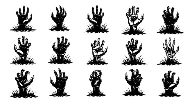 Collection of creepy zombie hands emerging from the ground with grass, vector illustration