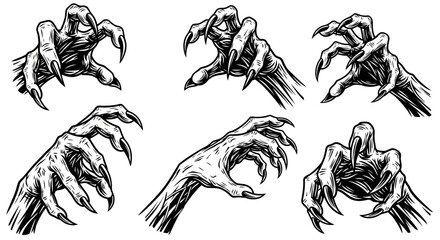 Collection of Six Illustrations of Terrifying Monster Claws and Hands
