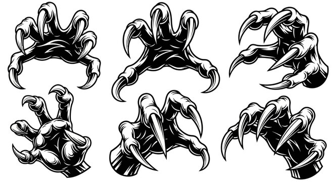 Collection of Black and White Monster Claw Illustrations with Sharp Nails