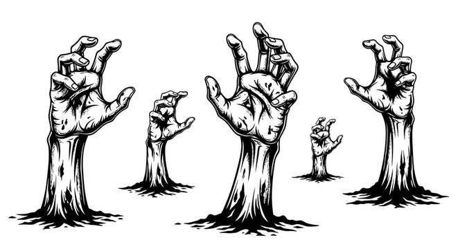 Zombie Hands Emerging from the Ground, Vector Illustration Set for Halloween