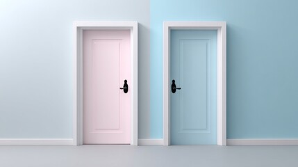 Pink and blue doors representing gender choice, different life paths, and decision making for future opportunities