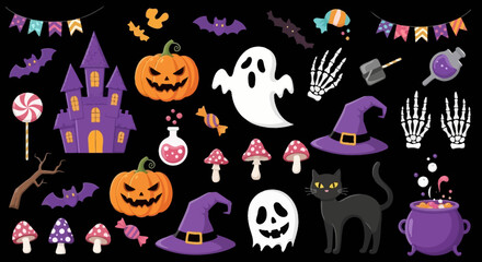 Obraz premium Spooky Halloween Collection: Pumpkins, Ghosts, Cats, and Witchcraft Elements