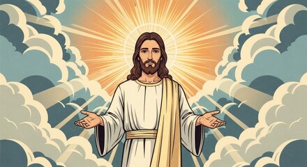 Fototapeta premium Illustration of Jesus Christ with open arms and radiant halo among clouds and sun rays, symbolizing faith, hope, salvation and divine love