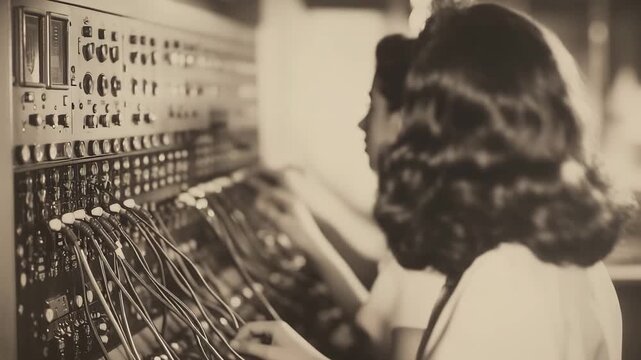 Two women are connecting wires on a telephone switchboard in a busy office during the mid 20th century