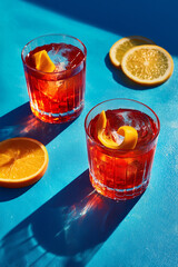 Red Negroni Cocktail With Orange Slice On Blue Background
