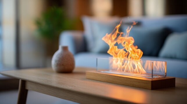 Ethanol tabletop fireplace bringing warmth and cozy atmosphere to modern living room interior