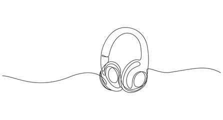 Obraz premium Black Headphones Minimal Line Icon Isolated, Sound Headphones Abstract Linear Vector Illustration