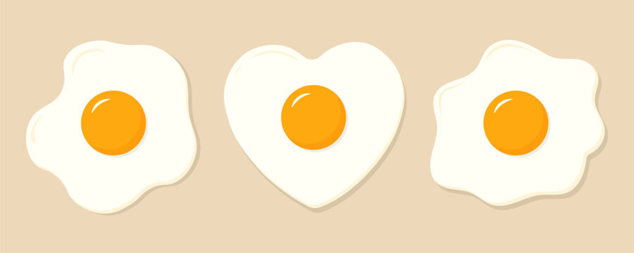 Set of fried eggs of various shapes on a light beige background. Top view. Flat vector illustration