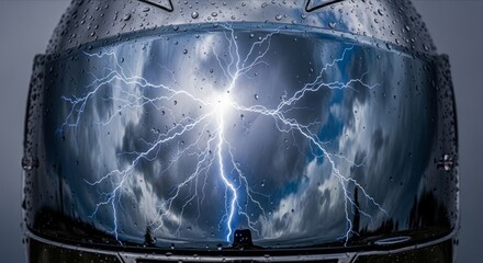 Reflection of Lightning on a Rain-Drenched Motorcycle Helmet