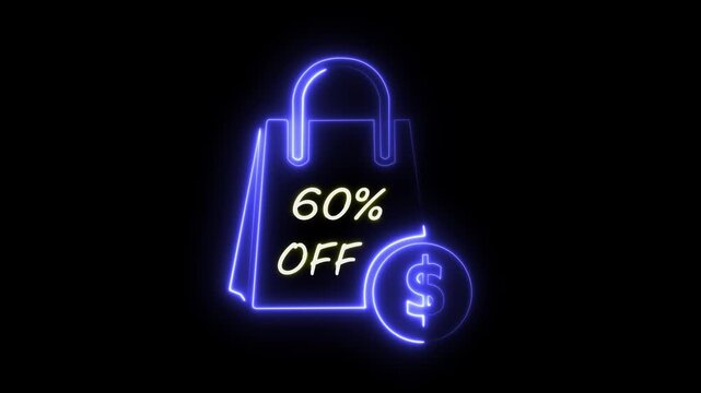 Futuristic Neon Shopping Bag Icon Animation with 60% Percent Off Discount and Dollar Symbol Digital Retail Sale 4K Motion Graphic