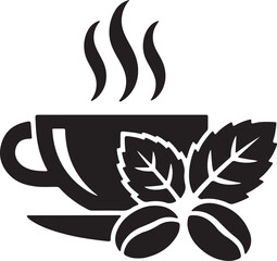 Steaming coffee cup with mint leaf and coffee beans silhouette vector © Mohaiminul