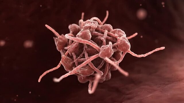 Detailed 3D medical visualization of blood clot formation thrombosis with red platelets thrombocytes aggregation clustering inside blood vessel showing coagulation hemostasis process in dark cinematic