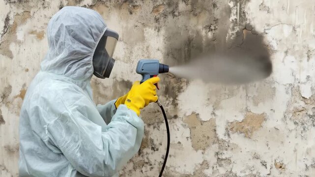 A worker in protective gear sprays coating on a deteriorating wall for mold prevention in an industrial setting