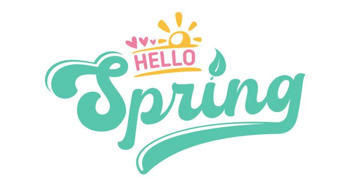 Hello Spring mint green lettering with sun icon, minimalist retro typography for seasonal greeting isolated on white. Hello spring green logo doodle style hand drawn