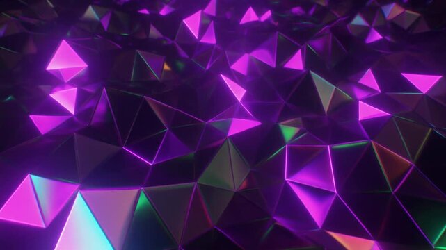 Dynamic abstract polygon surface glowing with vibrant purple and green neon light, creating a futuristic digital background for technology and innovation concepts.