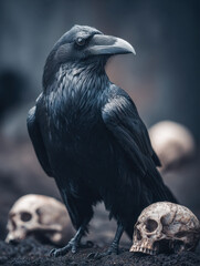 Fototapeta premium A majestic raven perched on dark ground surrounded by weathered human skulls creating a mysterious and eerie atmosphere in a dimly lit setting
