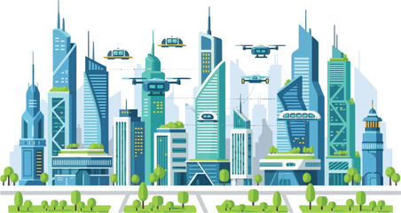 A futuristic cityscape with flying vehicles and tall skyscrapers presented as a striking silhouette on transparent background high quality professional detailed © rabbivay
