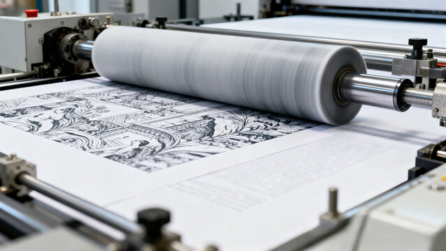 Industrial printing machine applying a detailed pattern onto paper with a large roller