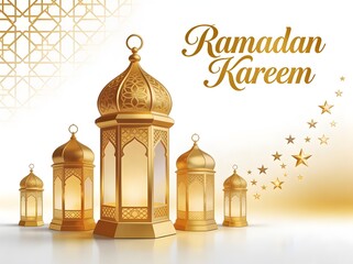 Fototapeta premium An elegant Ramadan Kareem banner featuring three glowing golden lanterns and a trail of sparkling stars on a clean white background.