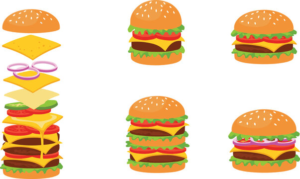 Cheeseburger Assembly Set with Layered Ingredients Exploded View and Different Burger Variations Fast Food Flat Vector Illustration.