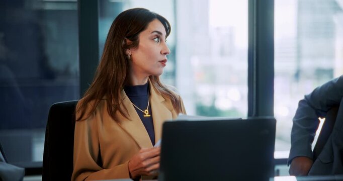 Paperwork, businesswoman and talk in office with team, accounting strategy or meeting with computer. Document, planning and people with laptop in company for financial budget, proposal or pitch idea