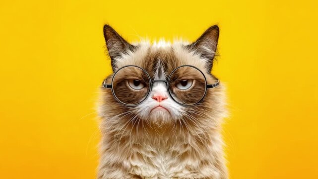 A cat with glasses sits against a yellow background showing a grumpy expression while looking directly at the camera