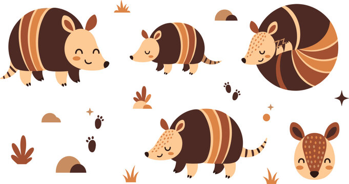 Cute Armadillo Cartoon Character Set with Rolling Pose Walking Armadillo Baby Animal and Desert Elements Flat Vector Illustration.