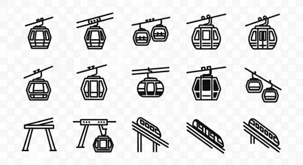 Collection of cable car icons representing transportation and travel concepts. © Dolar