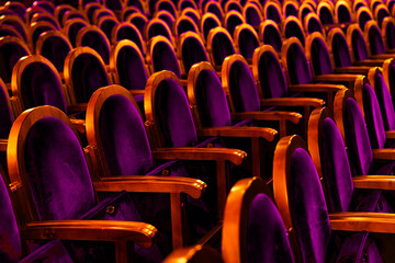 Luxury Purple Velvet Theater Seats with Golden Lighting in Concert Hall