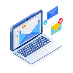 A portable laptop computer with a digital screen and keyboard represents a modern technology concept for online business communication and global network data access in a mobile office