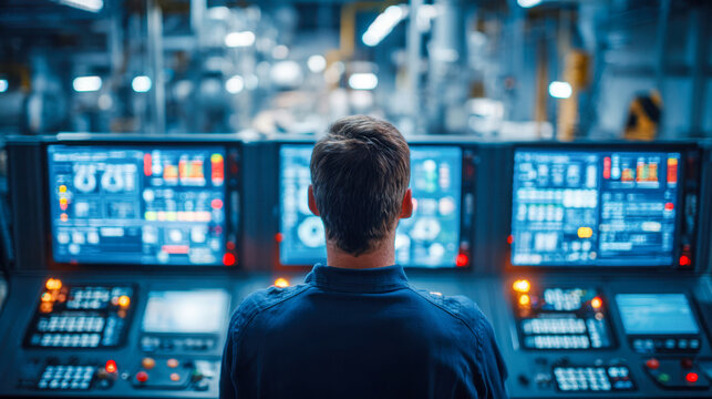 Industrial operator monitoring multiple advanced digital control panels in a high-tech manufacturing facility with a futuristic and illuminated environment