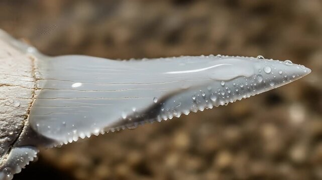Macro shot of wet, serrated-edge tooth against blurry brown background, sharp tip