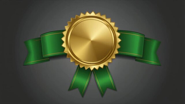 Gold medal emblem with shiny circular center and jagged sunburst edge, adorned with symmetrical flowing green ribbon, set against dark gray to black gradient background, symbolizing achievement and ex