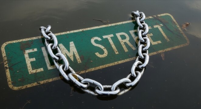 Chain Over Elm Street Sign in Water with Reflection and Debris