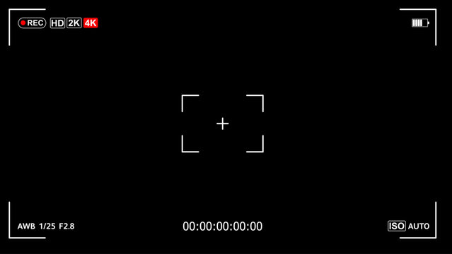 Digital video camera interface with 4K recording, battery and timer on a black background