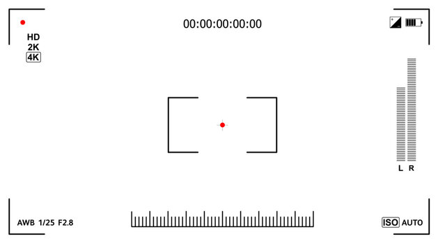 Digital camera UI featuring focus frame, record icon, audio levels and settings for video production design