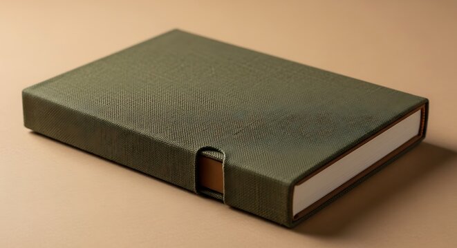 Closed green book with a slipcase on a neutral surface, studio shot.