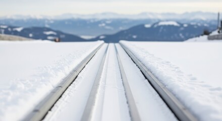 Snow Covered Railway Tracks in Mountains.