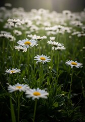 Fototapeta premium Field of White Daisies with Yellow Centers in Soft Morning Light