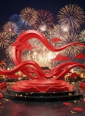 Obraz premium Festive Red Podium with Fireworks Display at Night Scene