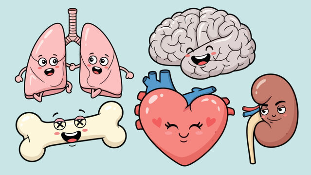 Cute Cartoon Human Organs Set with Happy Faces.