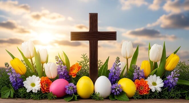 Easter sunday celebration christian jesus resurrection symbolized by cross and colorful eggs